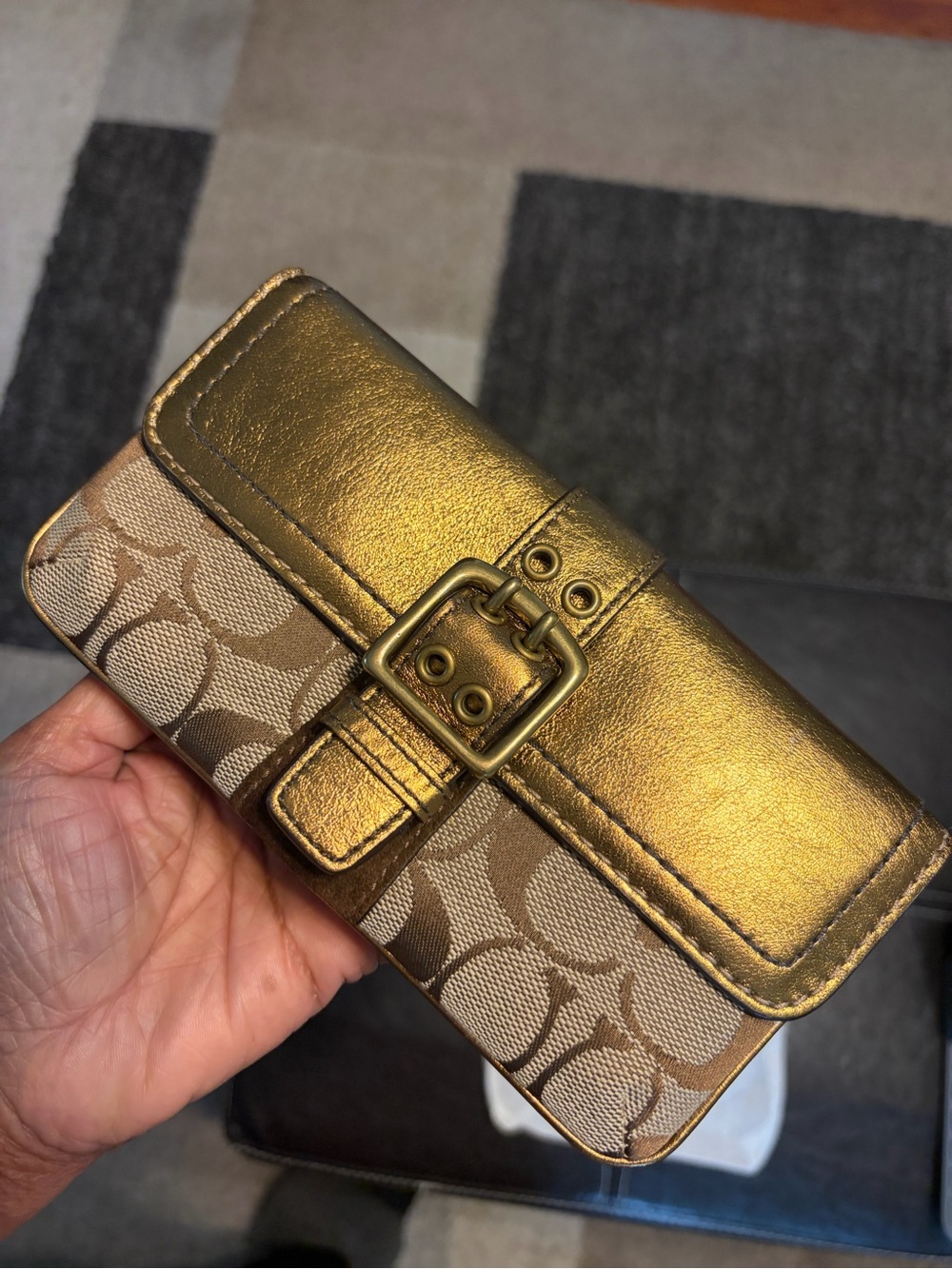 Coach Signature Buckle Metallic Bronze Leather Canvas Clutch Wallet